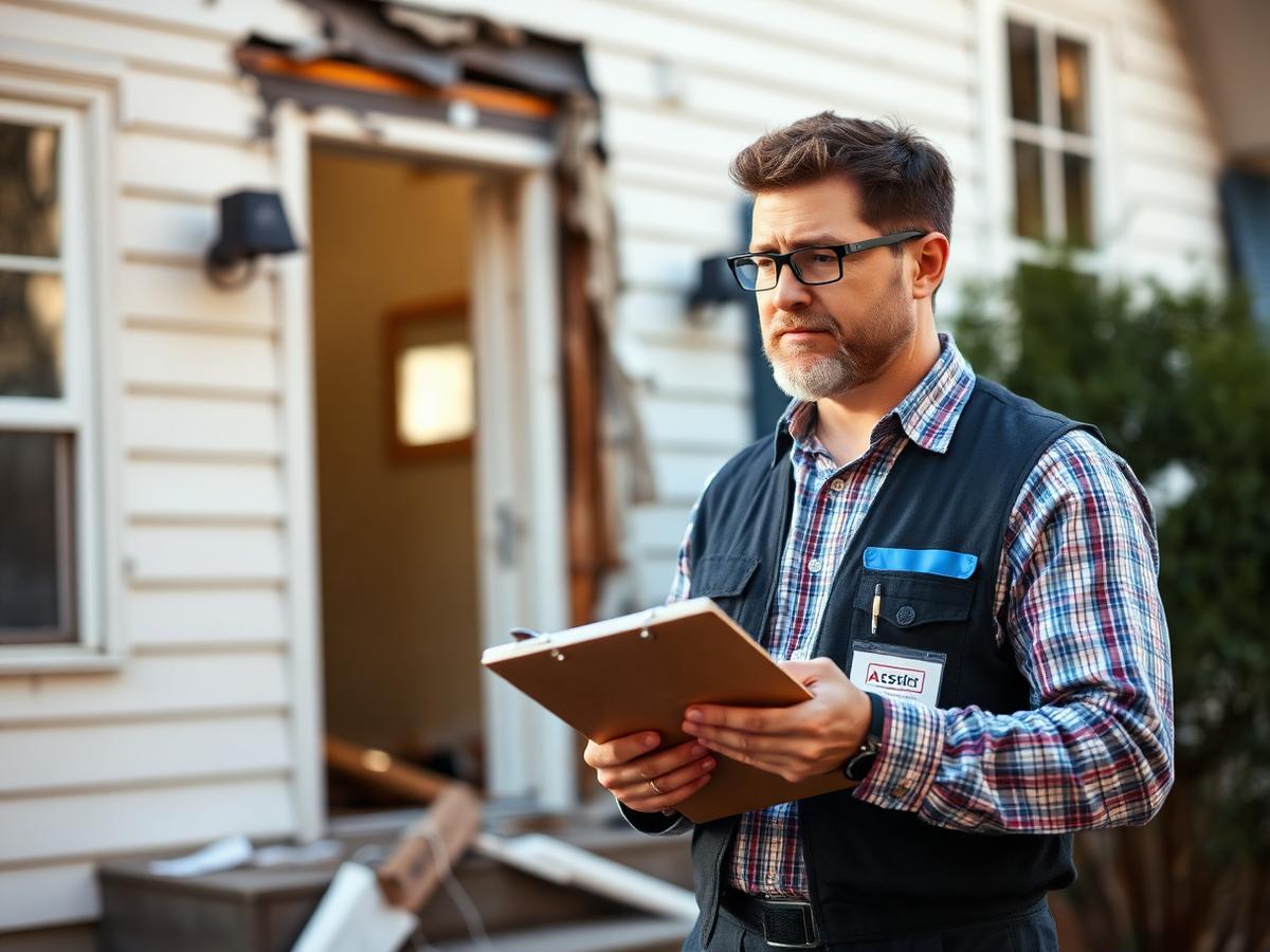 Adjuster inspecting a damaged home